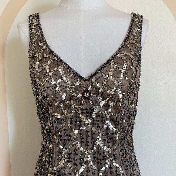 Sue Wong Nocturne Vintage Black ad Nude/ Cream Beaded Sequin Cocktail Dress Sz 8 - Picture 3 of 13